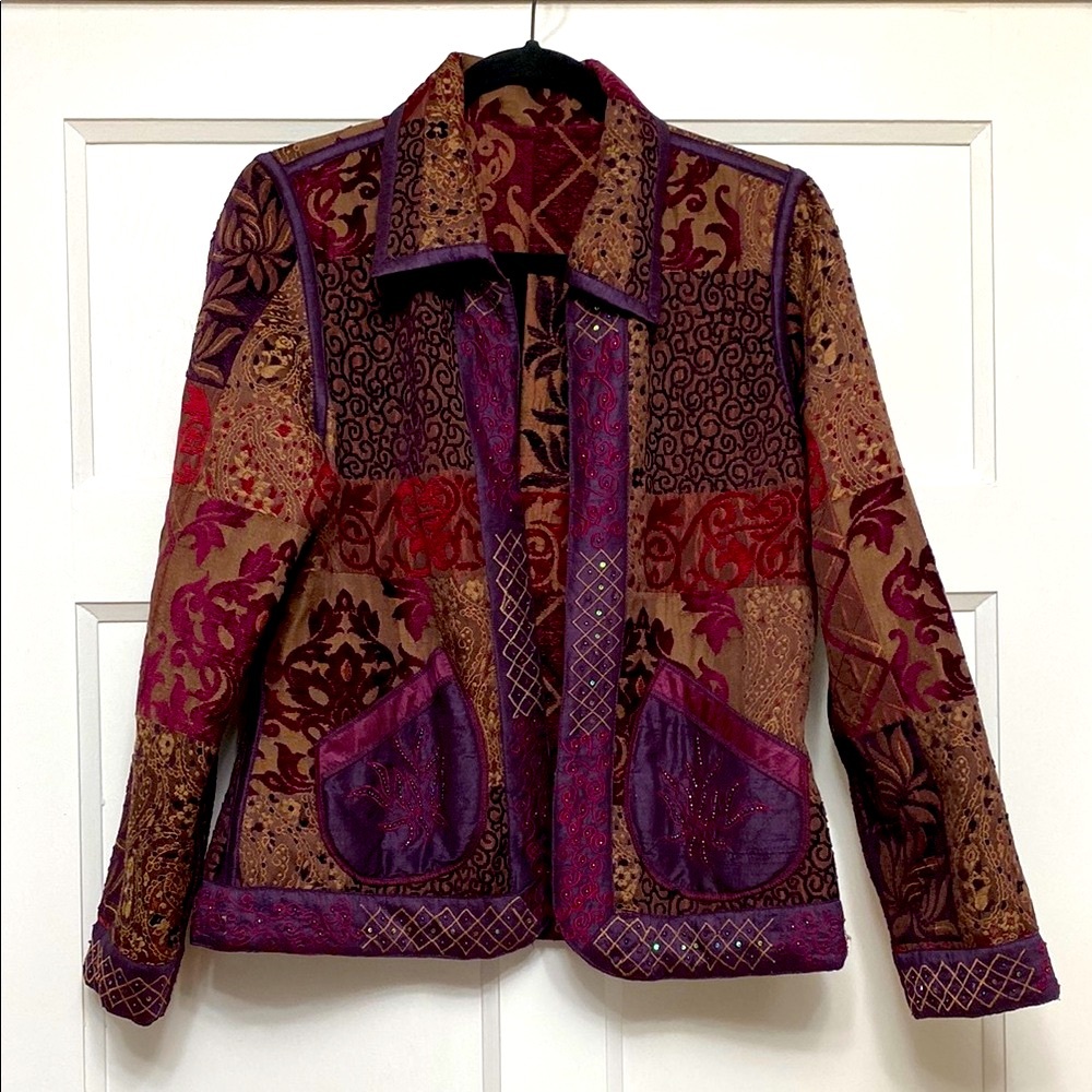 Whimsigoth Witchy Embroidered Patchwork Purple & Burgundy Blazer Jacket